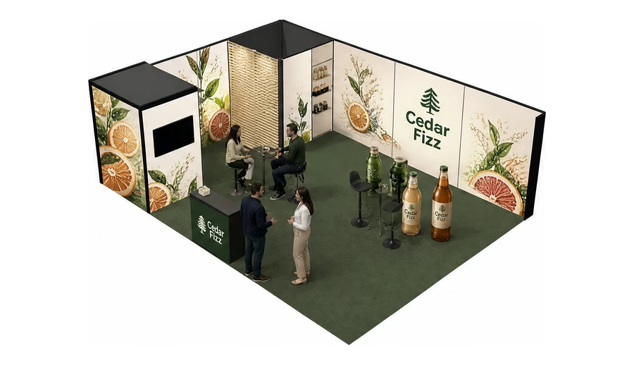Stoisko 8 × 6 m narożne lewe dla branży napoje, przykładowa marka Cedar Fizz