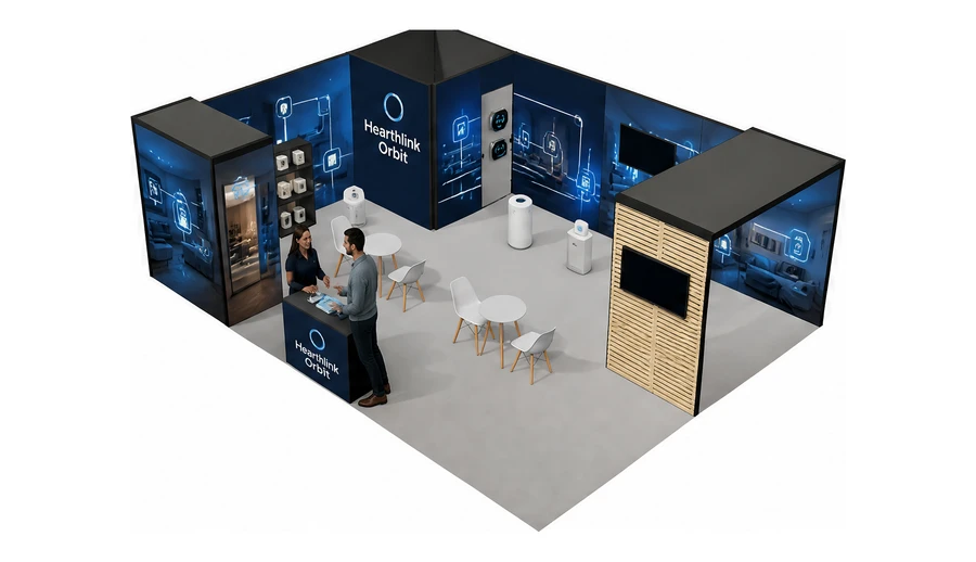 Stoisko 8 × 6 m narożne lewe dla branży smart home i IoT, przykładowa marka Hearthlink Orbit