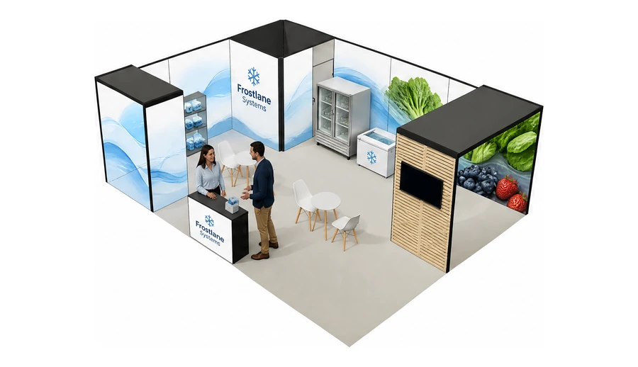 Stoisko 8 × 6 m narożne lewe dla branży łańcuch chłodniczy, przykładowa marka Frostlane Systems