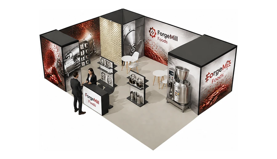 Stoisko 8 × 6 m narożne lewe dla branży technologie spożywcze, przykładowa marka ForgeMill Foods