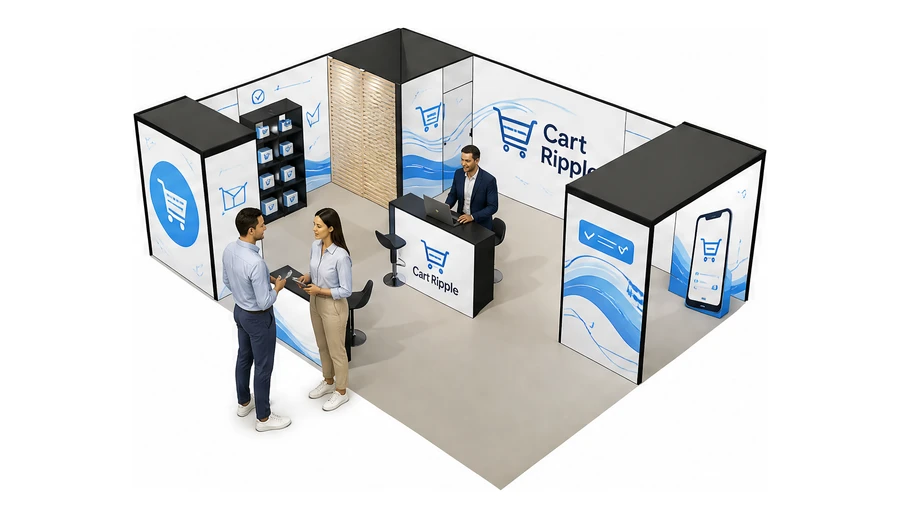 Stoisko 8 × 6 m narożne lewe dla branży e-commerce, przykładowa marka Cart Ripple