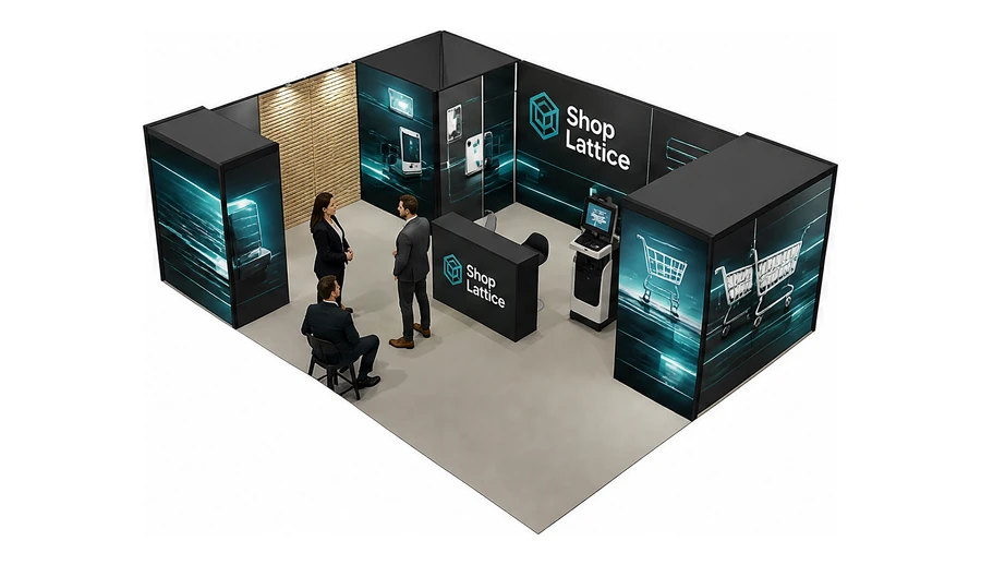 Stoisko 8 × 6 m narożne lewe dla branży technologie dla handlu, przykładowa marka Shop Lattice