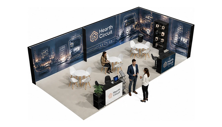 Stoisko 10 × 5 m narożne prawe dla branży smart home i IoT, przykładowa marka Hearth Circuit