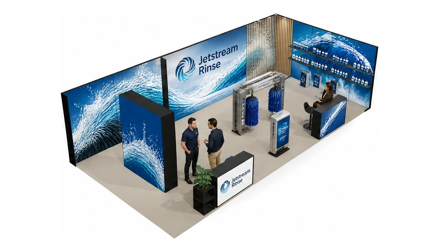 Stoisko 10 × 5 m narożne prawe dla branży myjnie i pielęgnacja aut, przykładowa marka Jetstream Rinse