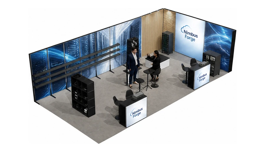 Stoisko 10 × 5 m narożne prawe dla branży infrastruktura IT i data center, przykładowa marka Nimbus Forge