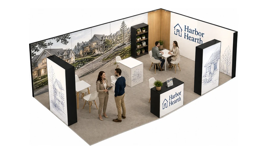 Stoisko 10 × 5 m narożne prawe dla branży deweloperzy i nieruchomości, przykładowa marka Harbor Hearth