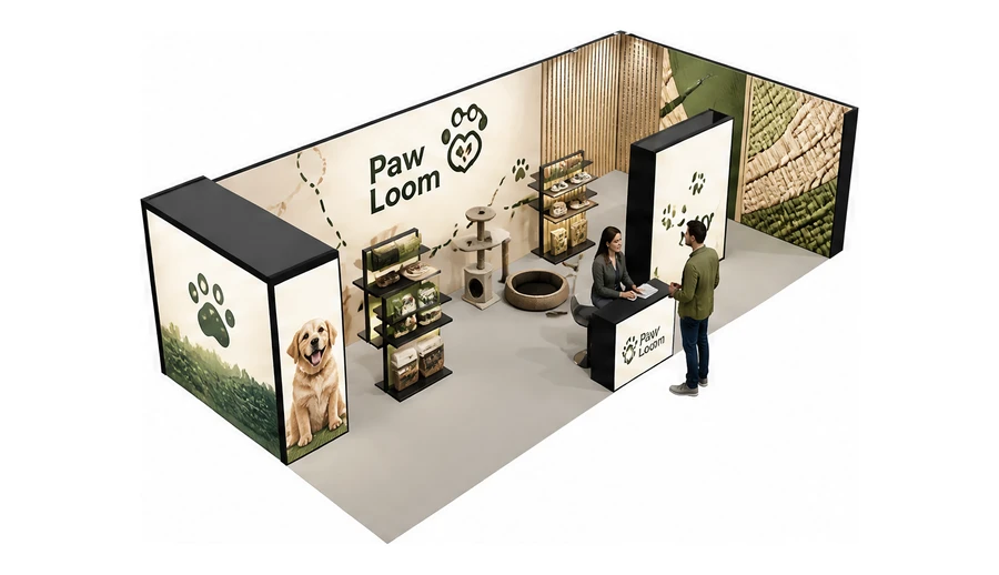 Stoisko 10 × 5 m narożne prawe dla branży akcesoria dla zwierząt, przykładowa marka Paw Loom