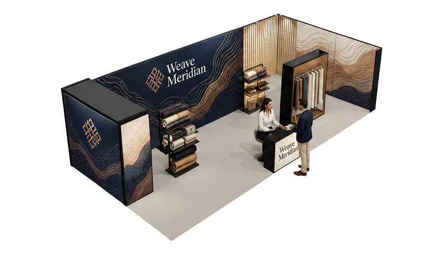 Stoisko 10 × 5 m narożne prawe dla branży tekstylia i tkaniny, przykładowa marka Weave Meridian