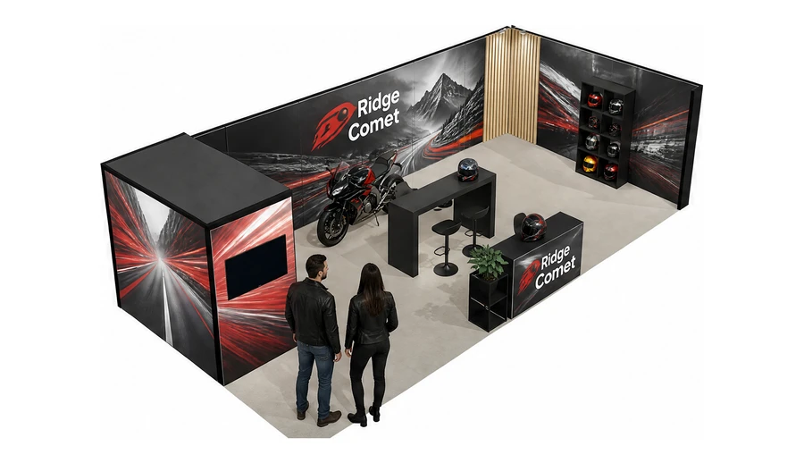 Stoisko 10 × 5 m narożne prawe dla branży motocykle i skutery, przykładowa marka Ridge Comet