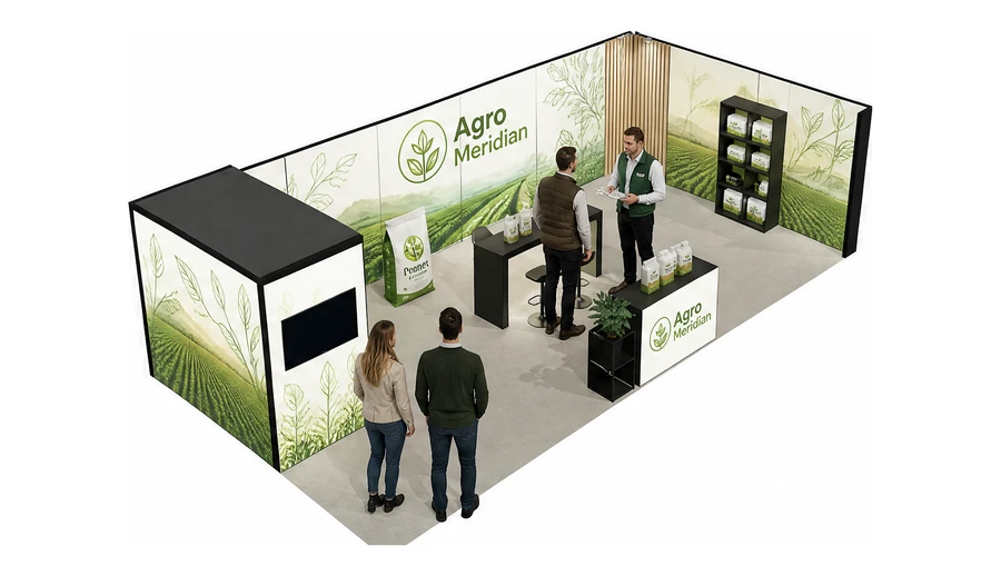 Stoisko 10 × 5 m narożne prawe dla branży nawozy i ochrona roślin, przykładowa marka Agro Meridian