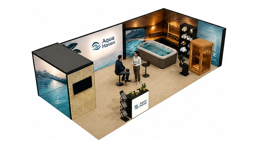 Stoisko 10 × 5 m narożne prawe dla branży baseny i sauny, przykładowa marka Aqua Haven