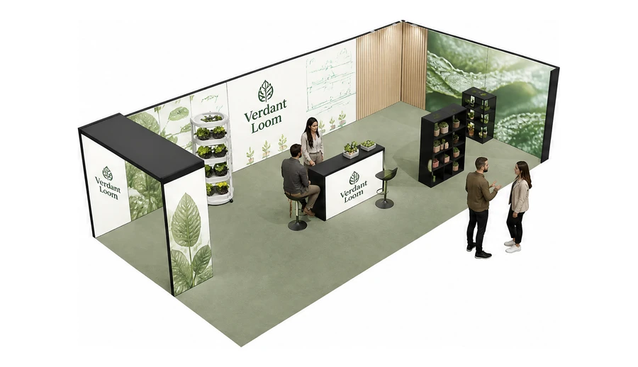 Stoisko 10 × 5 m narożne prawe dla branży sadownictwo i warzywnictwo, przykładowa marka Verdant Loom