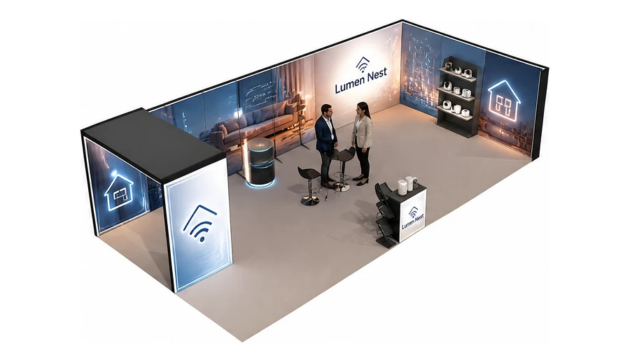 Stoisko 10 × 5 m narożne prawe dla branży smart home i IoT, przykładowa marka Lumen Nest