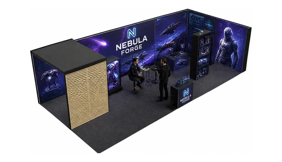Stoisko 10 × 5 m narożne prawe dla branży gry wideo, przykładowa marka Nebula Forge