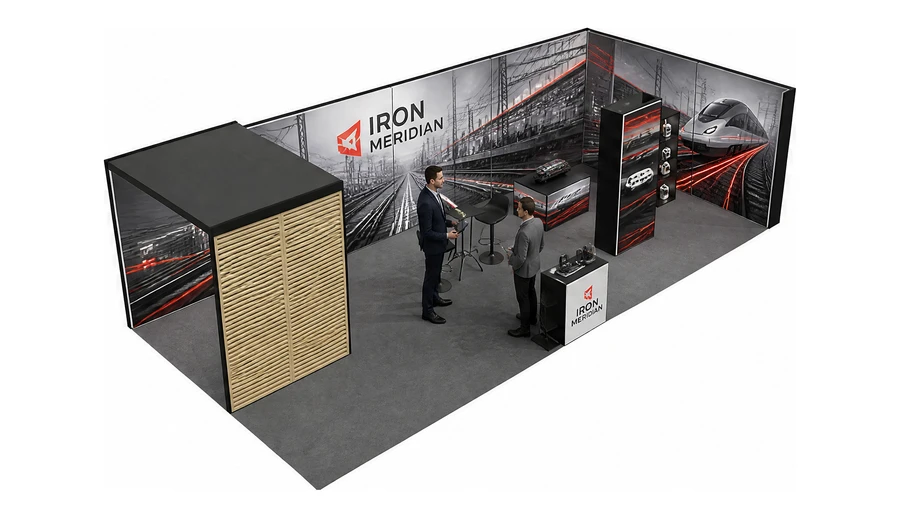 Stoisko 10 × 5 m narożne prawe dla branży kolej i tabor, przykładowa marka Iron Meridian