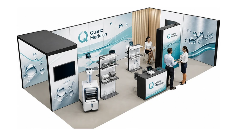 Stoisko 10 × 5 m narożne prawe dla branży sprzęt laboratoryjny, przykładowa marka Quartz Meridian