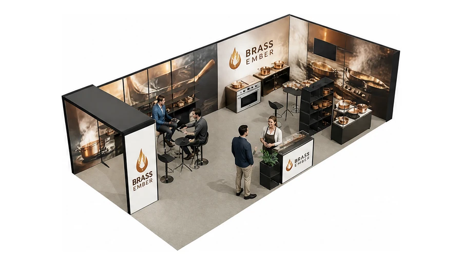 Stoisko 10 × 5 m narożne prawe dla branży sprzęt kuchenny i AGD, przykładowa marka Brass Ember