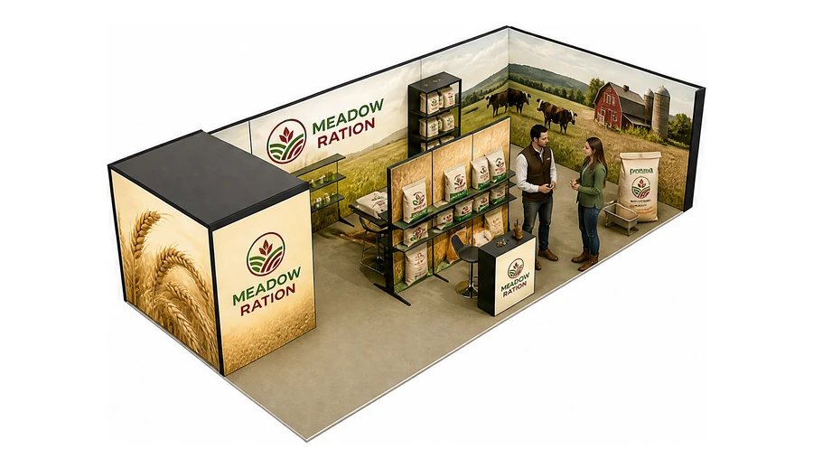 Stoisko 10 × 5 m narożne prawe dla branży hodowla i pasze, przykładowa marka Meadow Ration