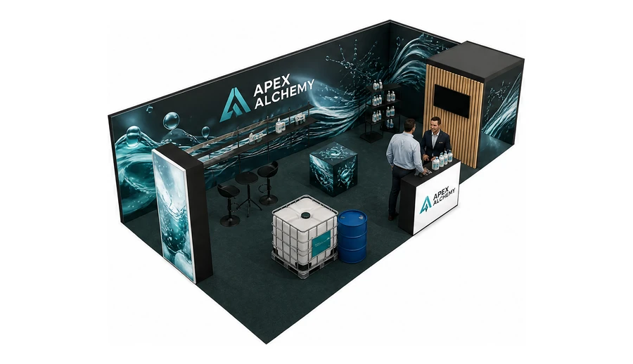 Stoisko 10 × 5 m narożne prawe dla branży chemia przemysłowa i powłoki, przykładowa marka Apex Alchemy