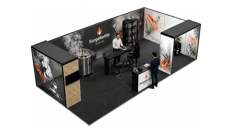 Stoisko 10 × 5 m narożne prawe dla branży wyposażenie gastronomii, przykładowa marka ForgeKettle Systems