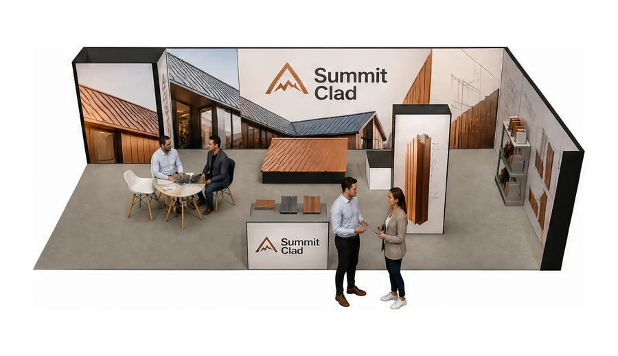 Stoisko 10 × 5 m narożne prawe dla branży dachy i elewacje, przykładowa marka Summit Clad