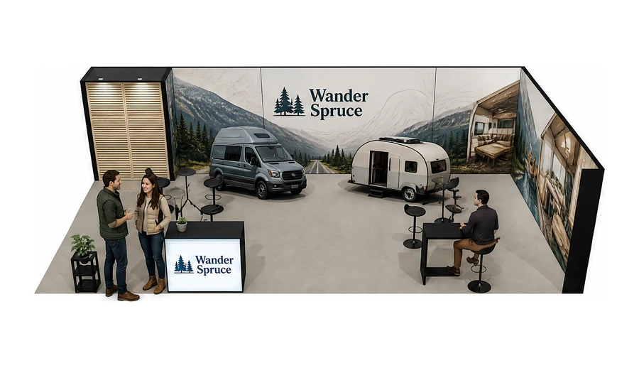 Stoisko 10 × 5 m narożne prawe dla branży caravaning i kampery, przykładowa marka Wander Spruce