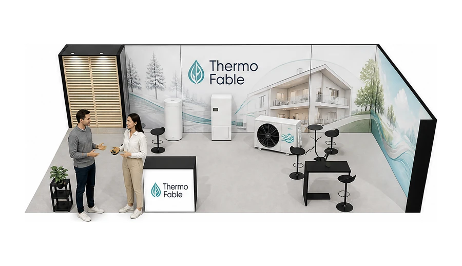 Stoisko 10 × 5 m narożne prawe dla branży pompy ciepła i ogrzewanie, przykładowa marka Thermo Fable