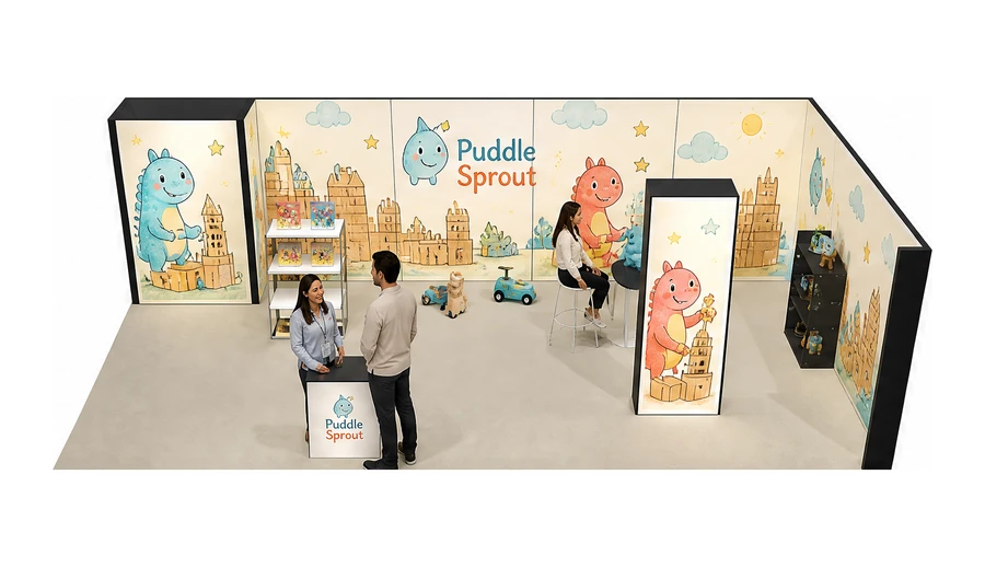 Stoisko 10 × 5 m narożne prawe dla branży zabawki i artykuły dziecięce, przykładowa marka Puddle Sprout