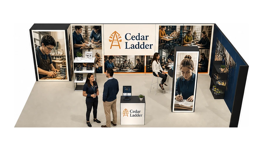 Stoisko 10 × 5 m narożne prawe dla branży edukacja i szkolenia, przykładowa marka Cedar Ladder