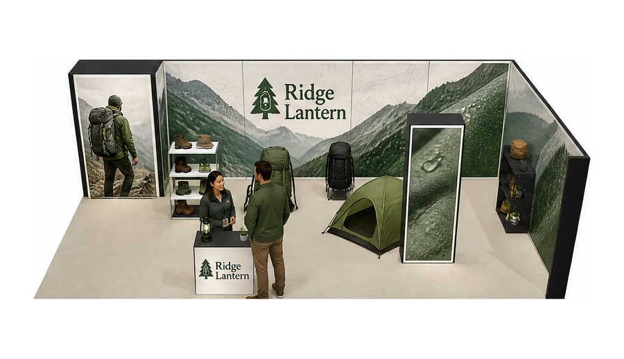 Stoisko 10 × 5 m narożne prawe dla branży odzież i sprzęt outdoorowy, przykładowa marka Ridge Lantern