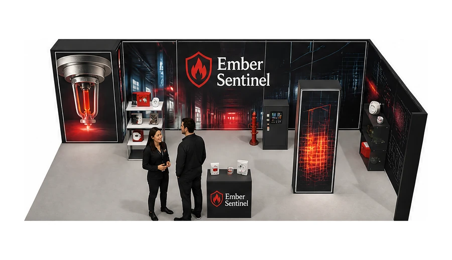 Stoisko 10 × 5 m narożne prawe dla branży ochrona przeciwpożarowa, przykładowa marka Ember Sentinel