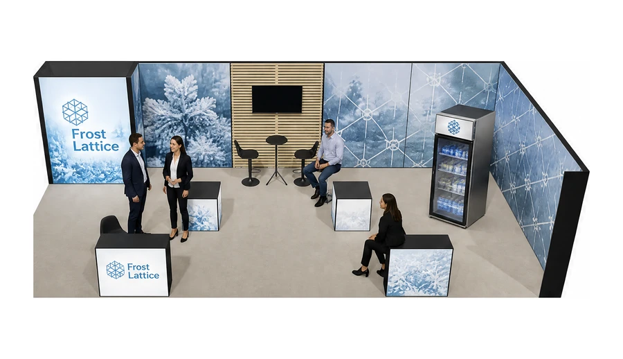 Stoisko 10 × 5 m narożne prawe dla branży łańcuch chłodniczy, przykładowa marka Frost Lattice