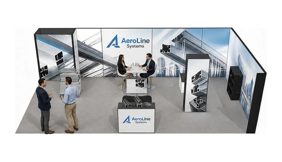Stoisko 10 × 5 m narożne prawe dla branży profile aluminiowe, przykładowa marka AeroLine Systems