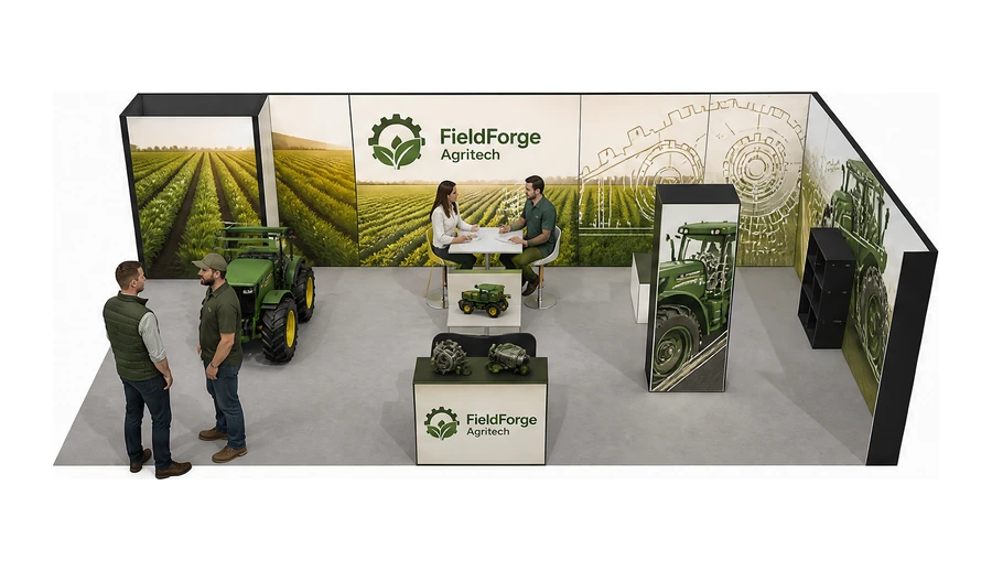 Stoisko 10 × 5 m narożne prawe dla branży maszyny rolnicze, przykładowa marka FieldForge Agritech