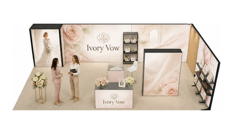 Stoisko 10 × 5 m narożne prawe dla branży branża ślubna, przykładowa marka Ivory Vow