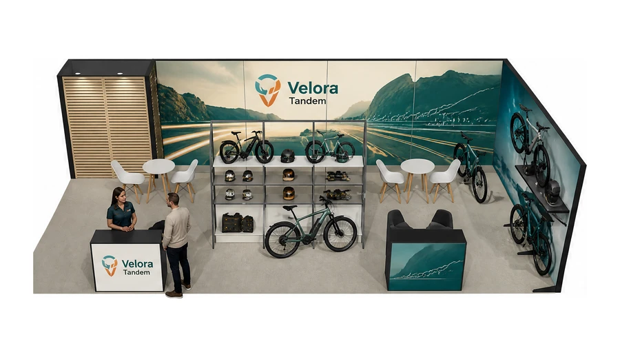 Stoisko 10 × 5 m narożne prawe dla branży rowery elektryczne, przykładowa marka Velora Tandem