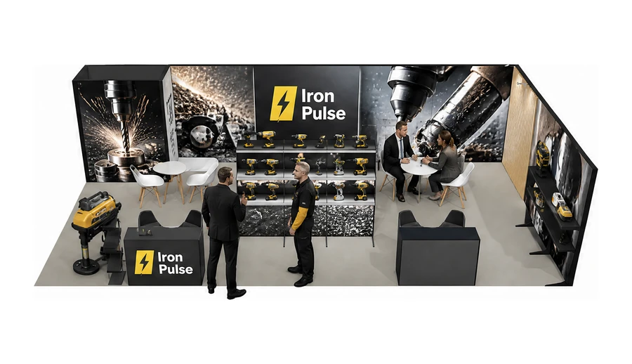 Stoisko 10 × 5 m narożne prawe dla branży elektronarzędzia, przykładowa marka Iron Pulse
