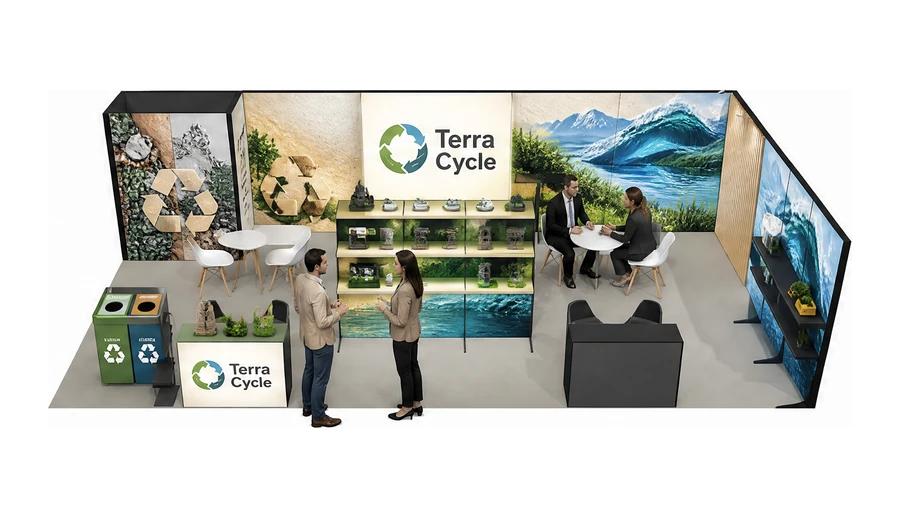 Stoisko 10 × 5 m narożne prawe dla branży recykling i ochrona środowiska, przykładowa marka Terra Cycle