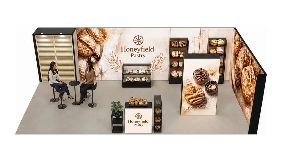 Stoisko 10 × 5 m narożne prawe dla branży piekarnictwo i cukiernictwo, przykładowa marka Honeyfield Pastry