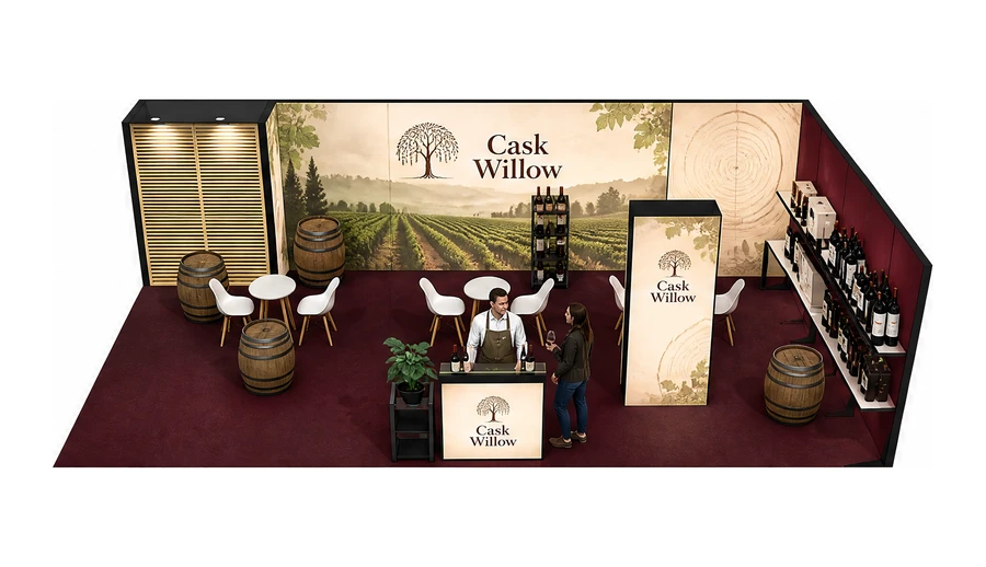 Stoisko 10 × 5 m narożne prawe dla branży winnica, przykładowa marka Cask Willow