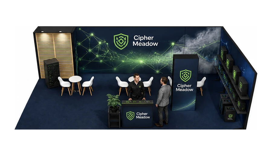 Stoisko 10 × 5 m narożne prawe dla branży cyberbezpieczeństwo, przykładowa marka Cipher Meadow