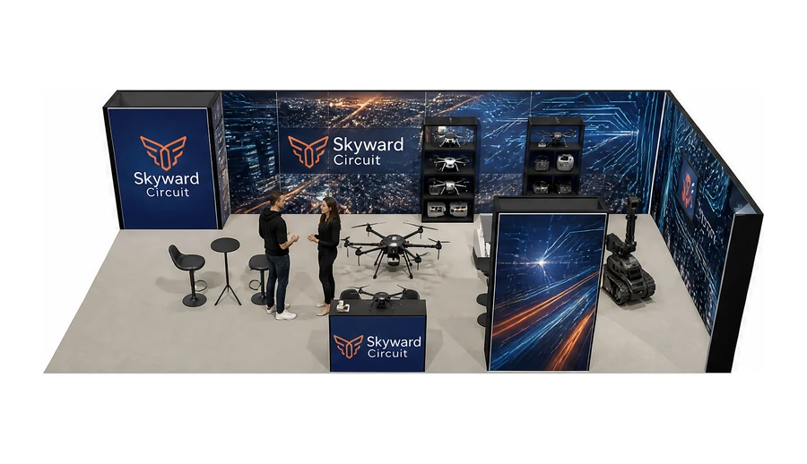 Stoisko 10 × 5 m narożne prawe dla branży drony i robotyka, przykładowa marka Skyward Circuit