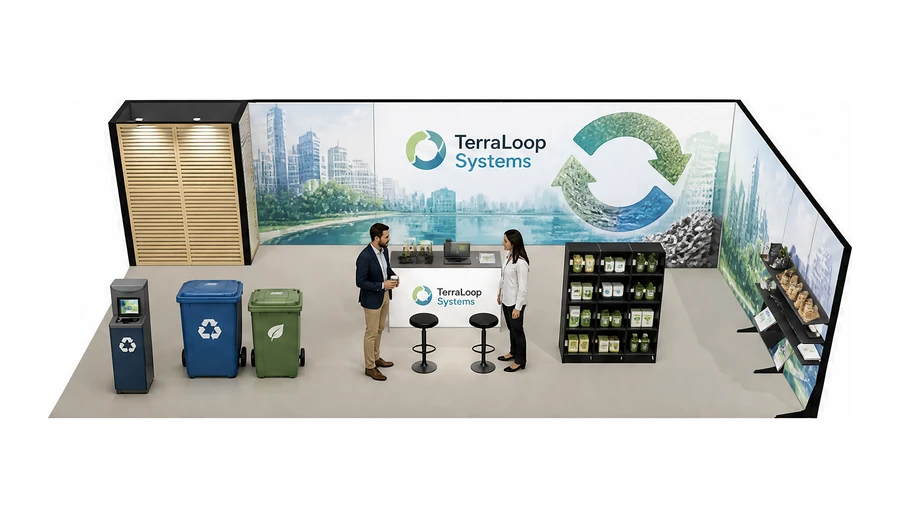Stoisko 10 × 5 m narożne prawe dla branży recykling i ochrona środowiska, przykładowa marka TerraLoop Systems