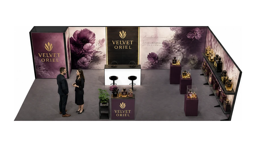Stoisko 10 × 5 m narożne prawe dla branży perfumy, przykładowa marka Velvet Oriel