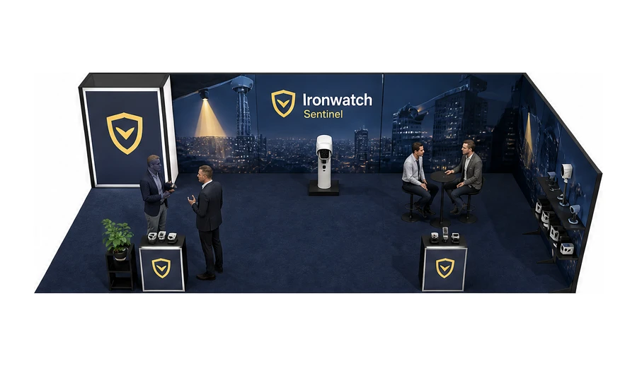 Stoisko 10 × 5 m narożne prawe dla branży systemy zabezpieczeń, przykładowa marka Ironwatch Sentinel