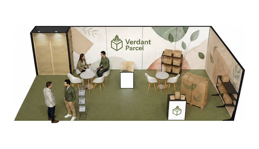 Stoisko 10 × 5 m narożne prawe dla branży opakowania ekologiczne, przykładowa marka Verdant Parcel