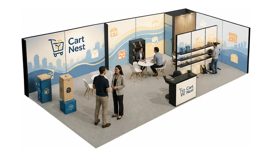 Stoisko 10 × 5 m narożne prawe dla branży e-commerce, przykładowa marka Cart Nest