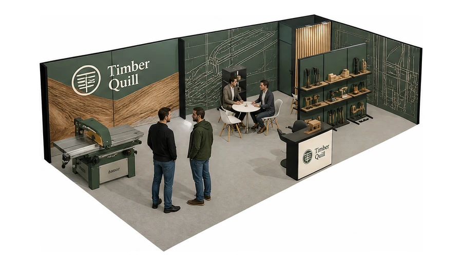 Stoisko 10 × 5 m narożne prawe dla branży maszyny do obróbki drewna, przykładowa marka Timber Quill