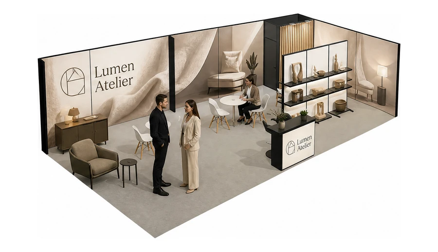 Stoisko 10 × 5 m narożne prawe dla branży meble designerskie, przykładowa marka Lumen Atelier
