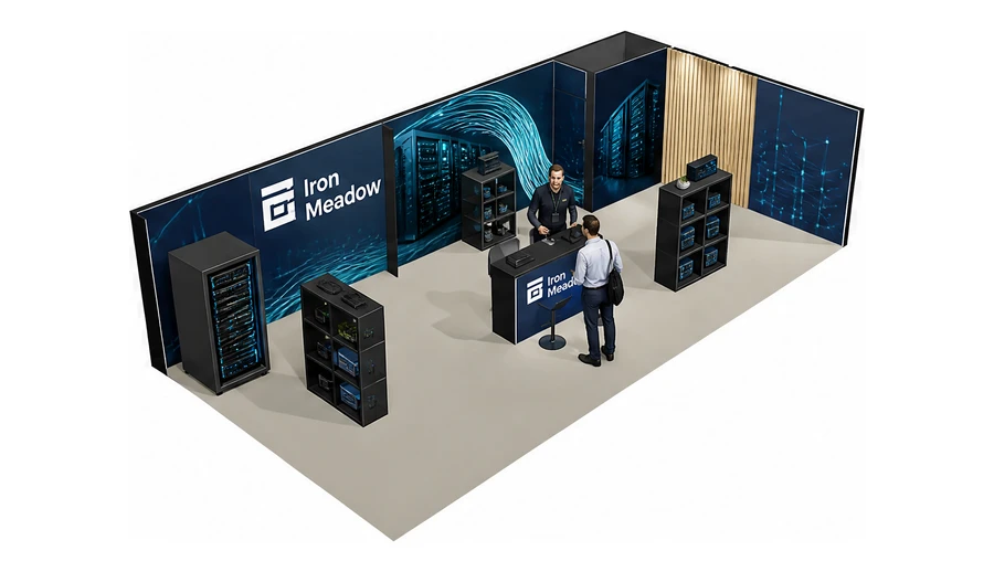 Stoisko 10 × 5 m narożne prawe dla branży infrastruktura IT i data center, przykładowa marka Iron Meadow